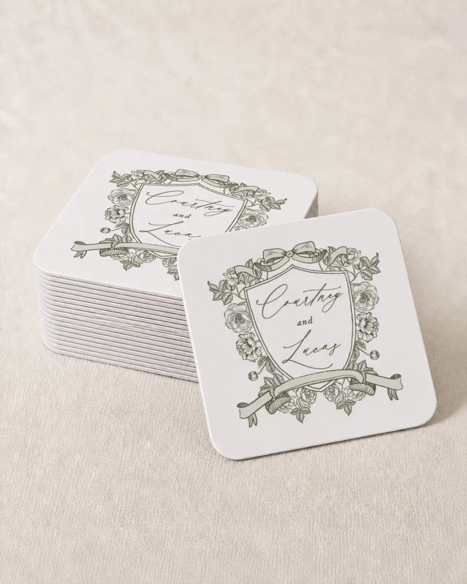This is a 4" x 4" Wedding Coaster called Elegant Crest printed in full color on Kraft Chipboard paper