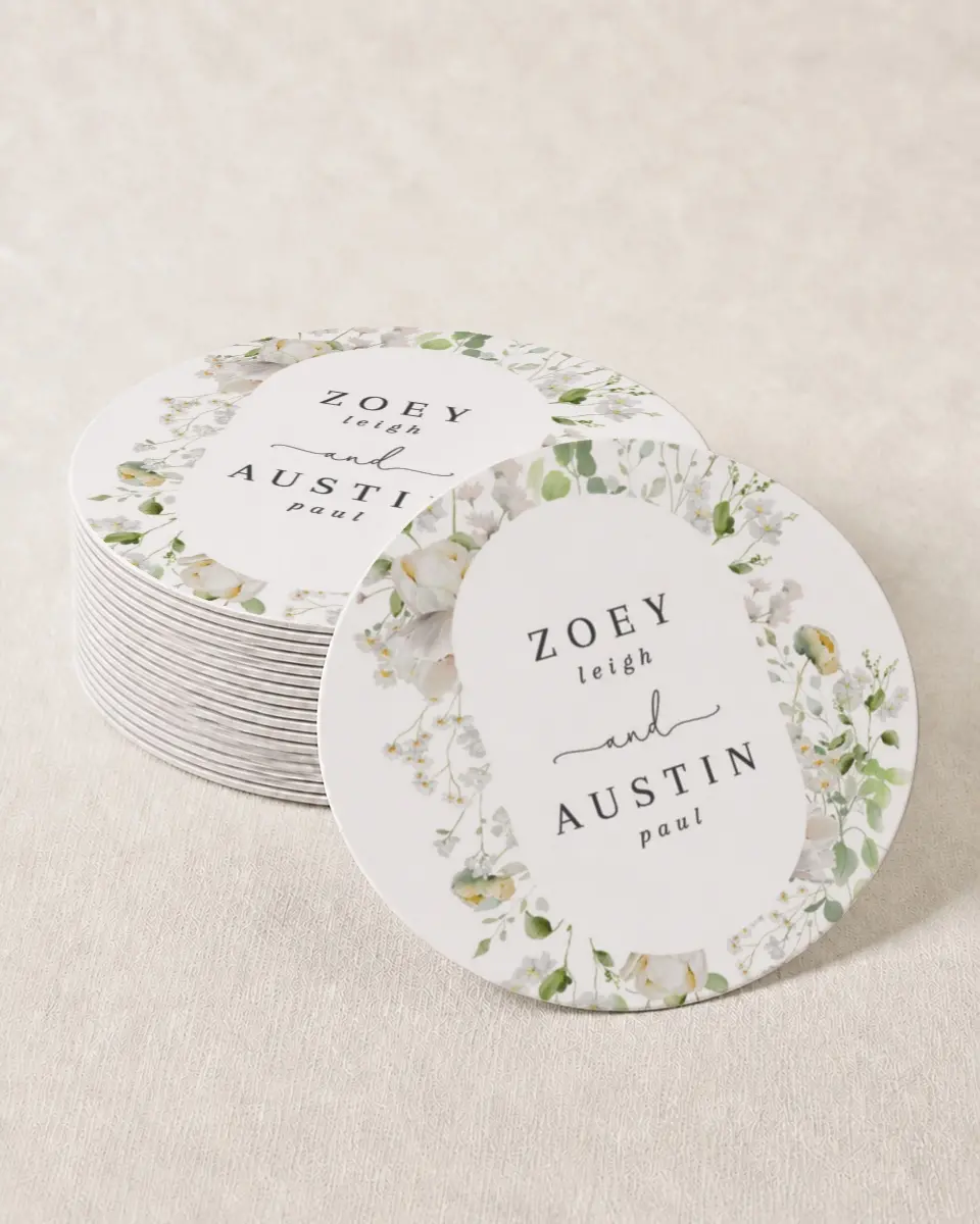 This is a 4" x 4" Wedding Coaster called The Zoey printed in full color with Gold foil on Kraft Chipboard paper
