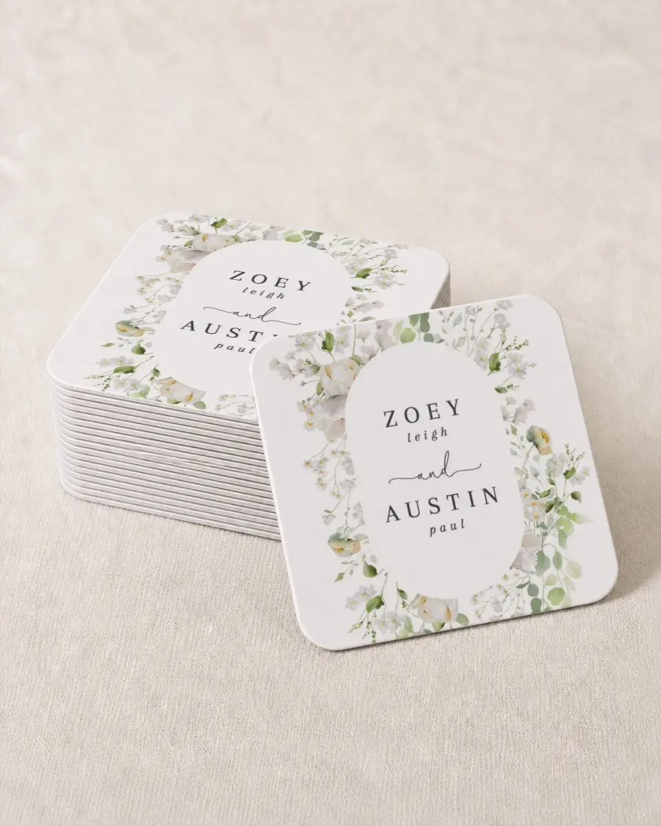 This is a 4" x 4" Wedding Coaster called The Zoey printed in full color on Kraft Chipboard paper