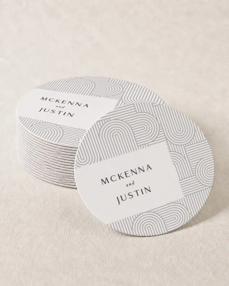 This is a 4" x 4" Wedding Coaster called Geometric Elegance printed in full color with Gold foil on Kraft Chipboard paper