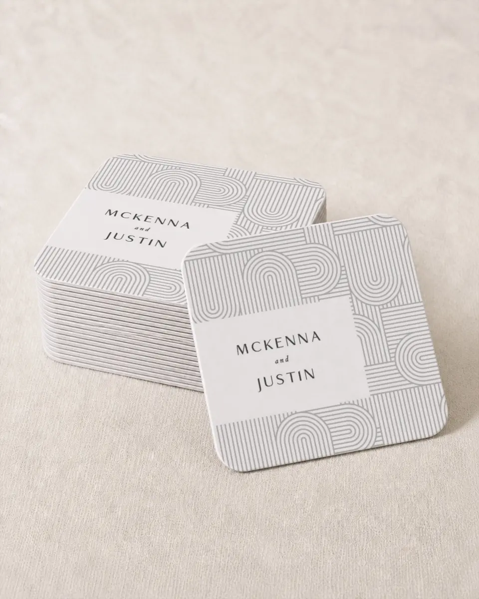 This is a 4" x 4" Wedding Coaster called Geometric Elegance printed in full color on Kraft Chipboard paper