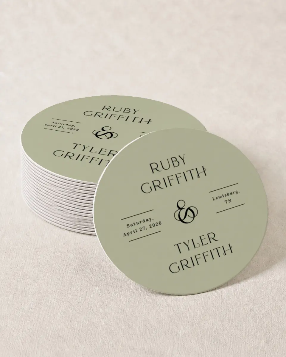 This is a 4" x 4" Wedding Coaster called The Ruby printed in full color with Gold foil on Kraft Chipboard paper