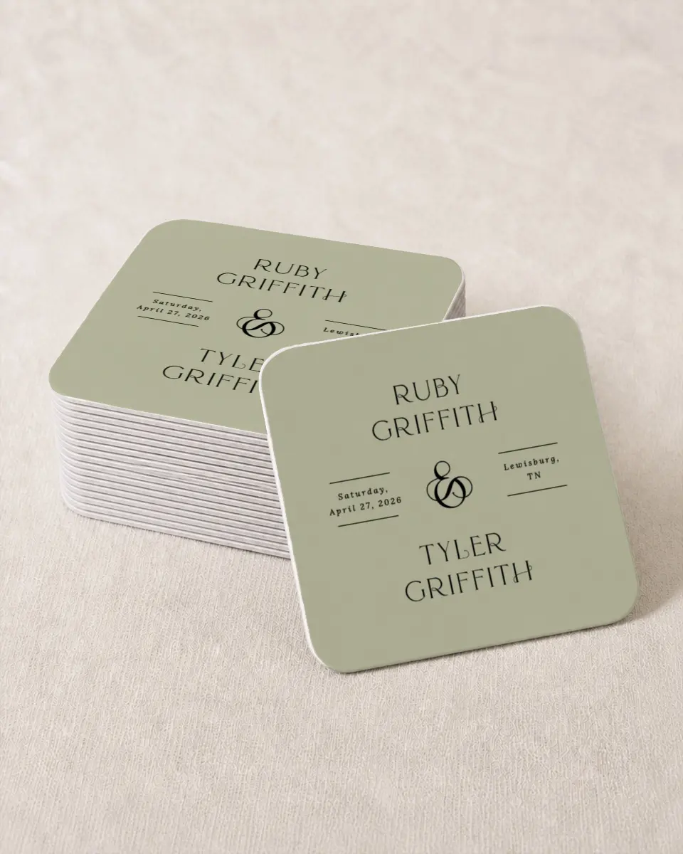 This is a 4" x 4" Wedding Coaster called The Ruby printed in full color with Gold foil on Kraft Chipboard paper