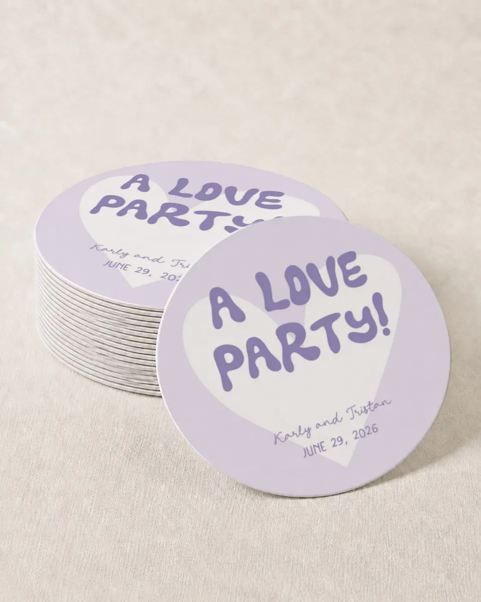 This is a 4" x 4" Wedding Coaster called The Karly printed in full color with Gold foil on Kraft Chipboard paper