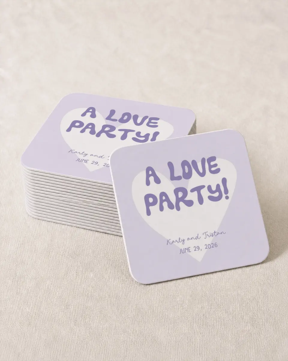 This is a 4" x 4" Wedding Coaster called The Micayla printed in full color with Gold foil on Kraft Chipboard paper