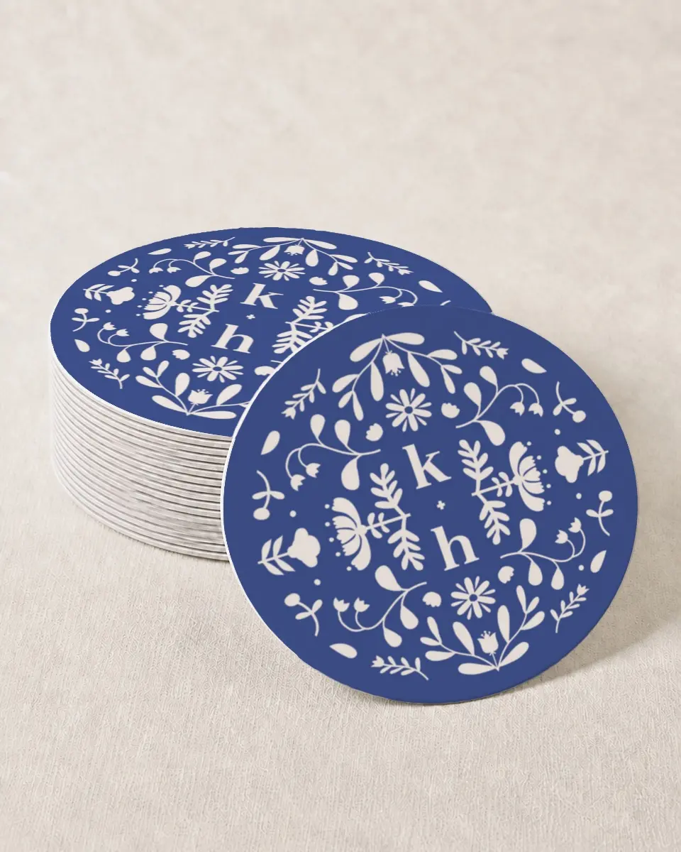 This is a 4" x 4" Wedding Coaster called The Kassidy printed in full color with Gold foil on Kraft Chipboard paper