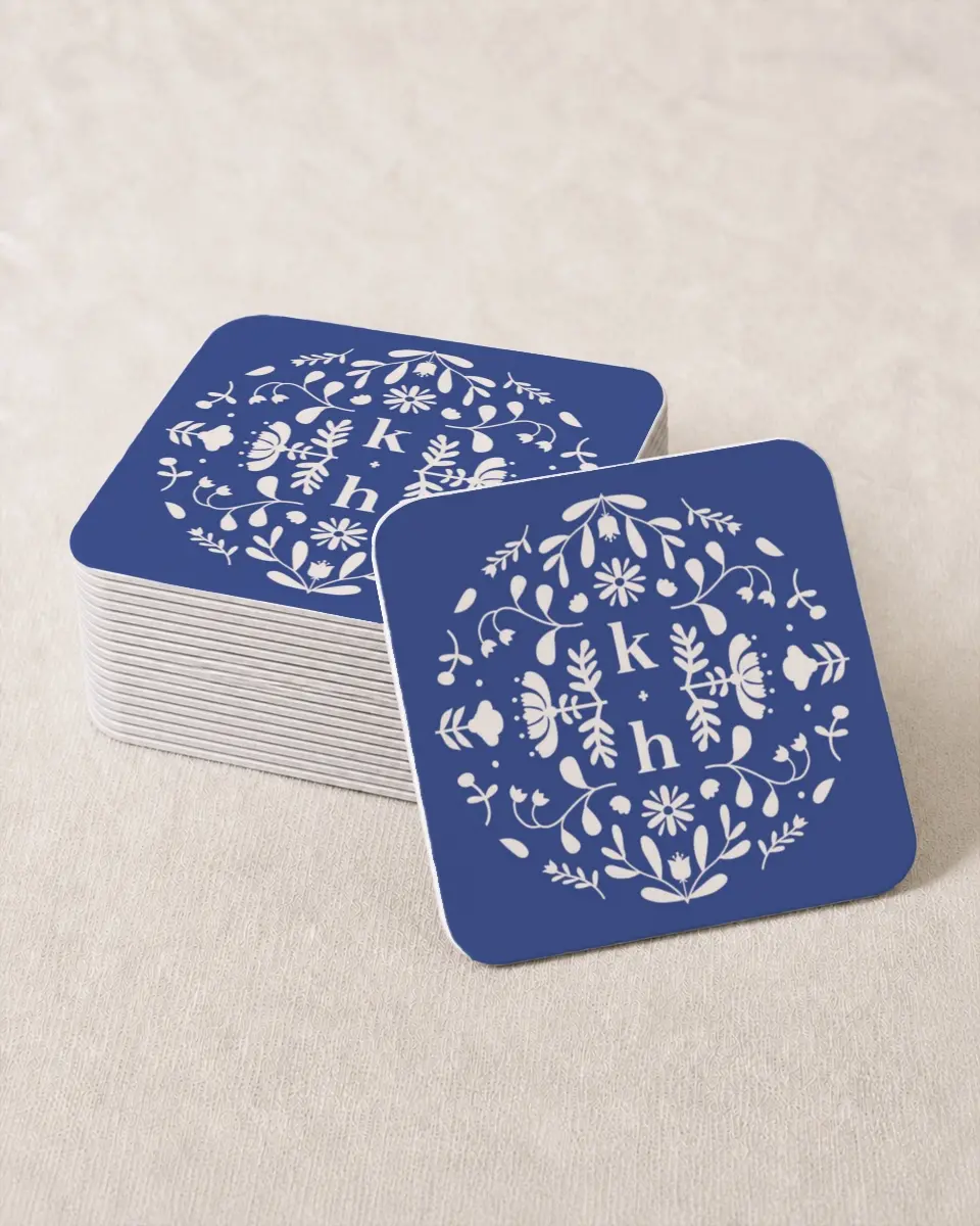 This is a 4" x 4" Wedding Coaster called The Kassidy printed in full color with Gold foil on Kraft Chipboard paper