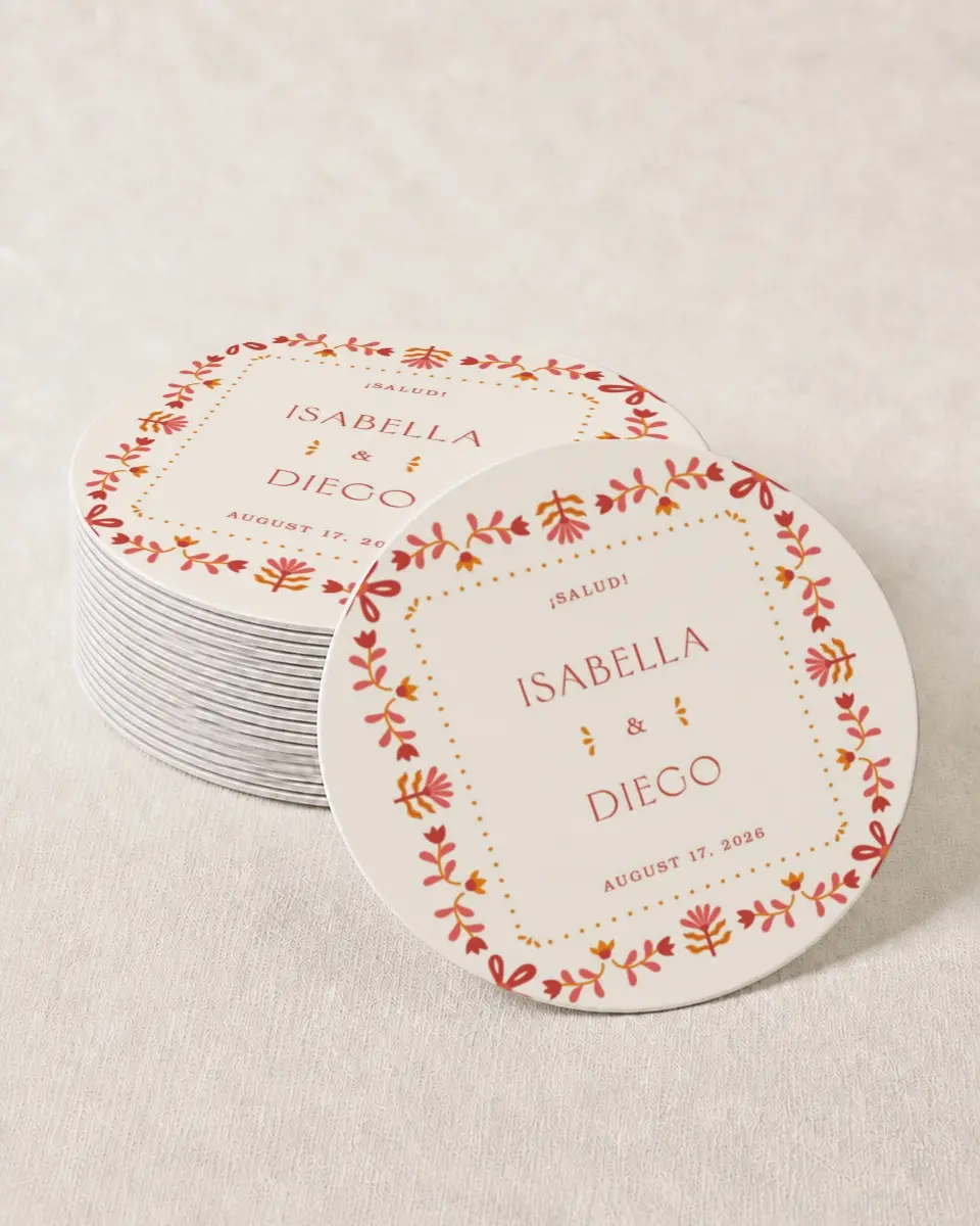 This is a 4" x 4" Wedding Coaster called Folk Fiesta printed in full color with Gold foil on Kraft Chipboard paper