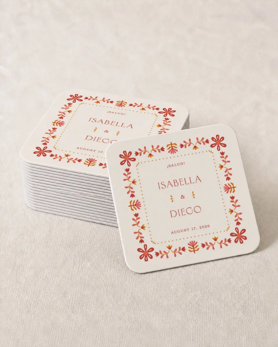 This is a 4" x 4" Wedding Coaster called Folk Fiesta printed in full color on Kraft Chipboard paper