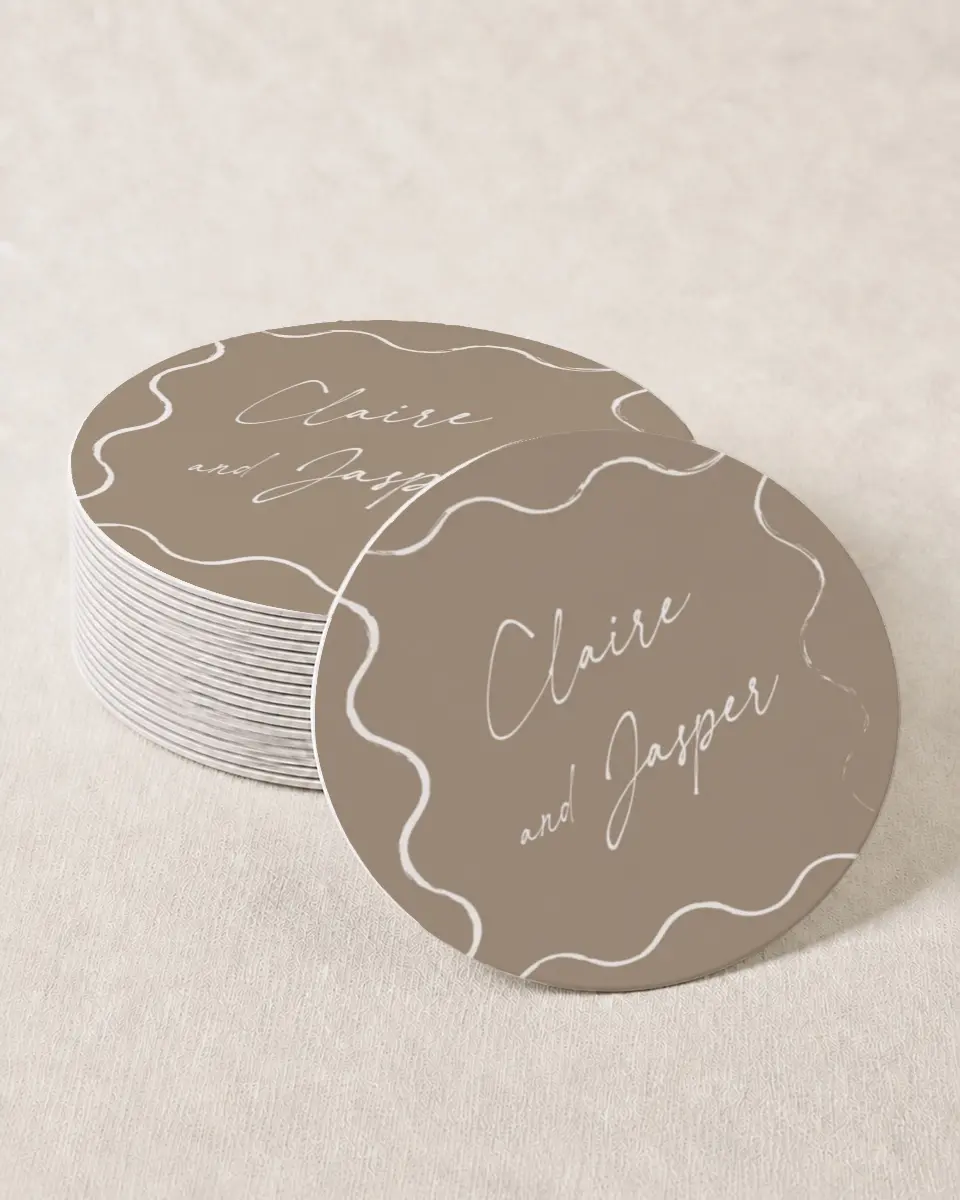 This is a 4" x 4" Wedding Coaster called Romantic Sketch printed in full color with Gold foil on Kraft Chipboard paper