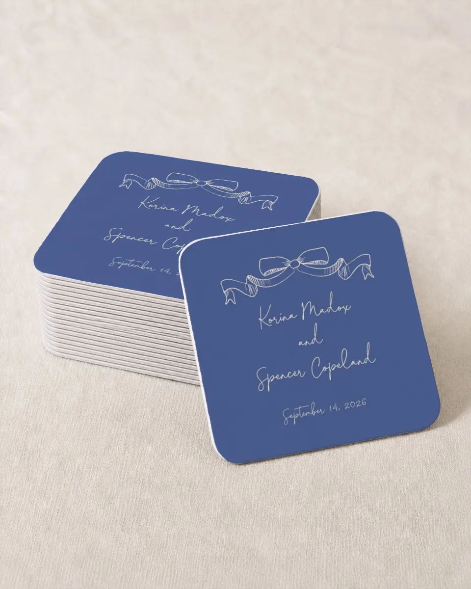 This is a 4" x 4" Wedding Coaster called Sketched Bow printed in full color on Kraft Chipboard paper