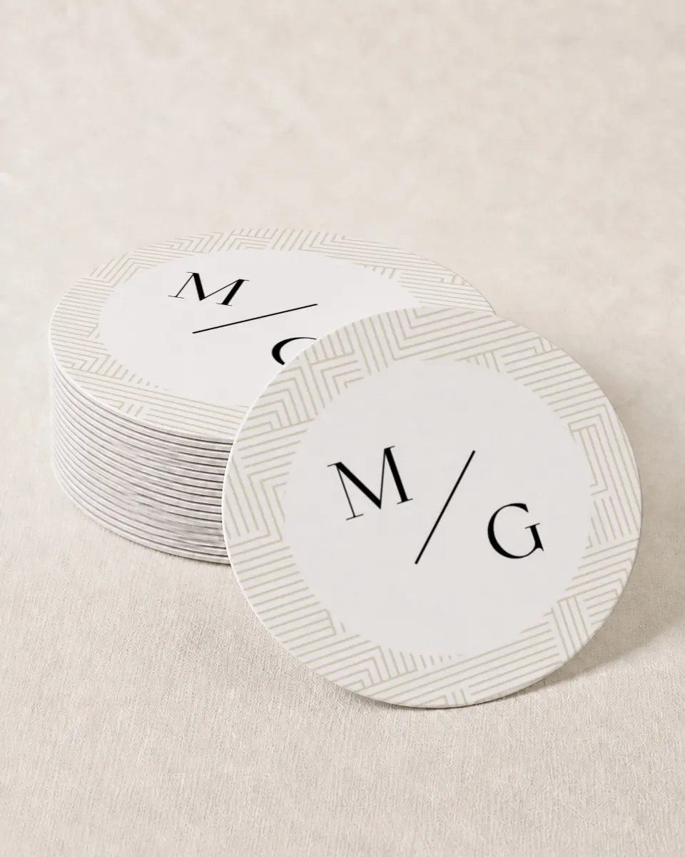 This is a 4" x 4" Wedding Coaster called Love Maze printed in full color with Gold foil on Kraft Chipboard paper