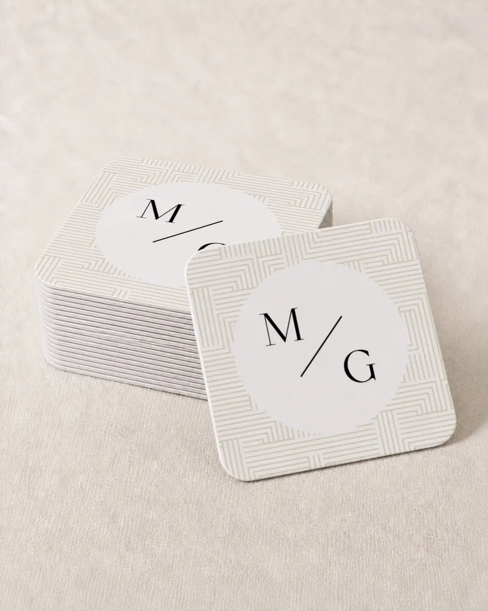This is a 4" x 4" Wedding Coaster called Love Maze printed in full color with Gold foil on Kraft Chipboard paper