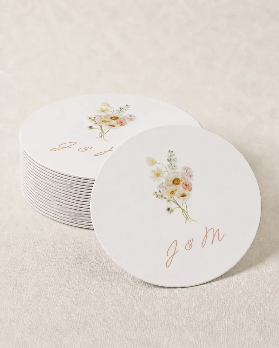 This is a 4" x 4" Wedding Coaster called Warm Wildflowers printed in full color with Gold foil on Kraft Chipboard paper