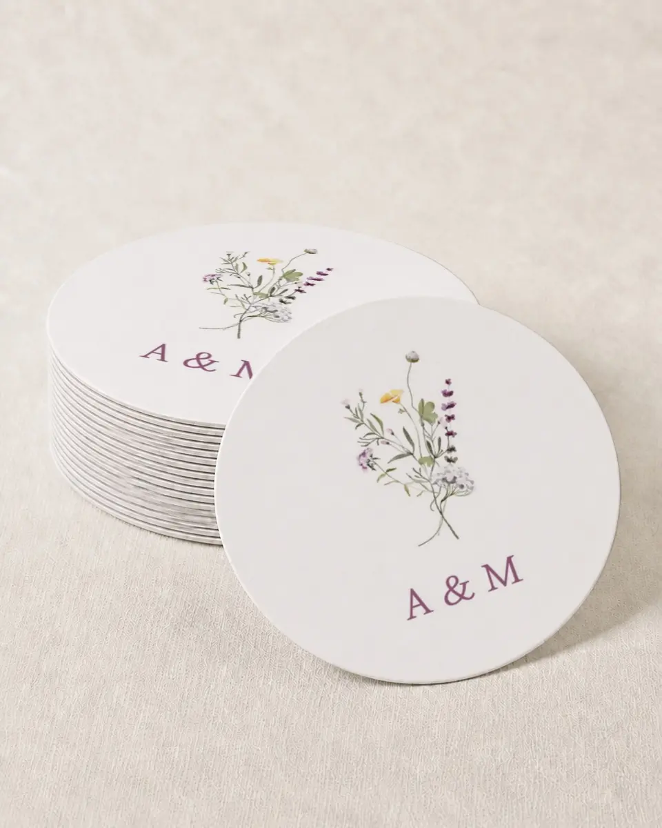 This is a 4" x 4" Wedding Coaster called Whimsy Fairytale printed in full color with Gold foil on Kraft Chipboard paper