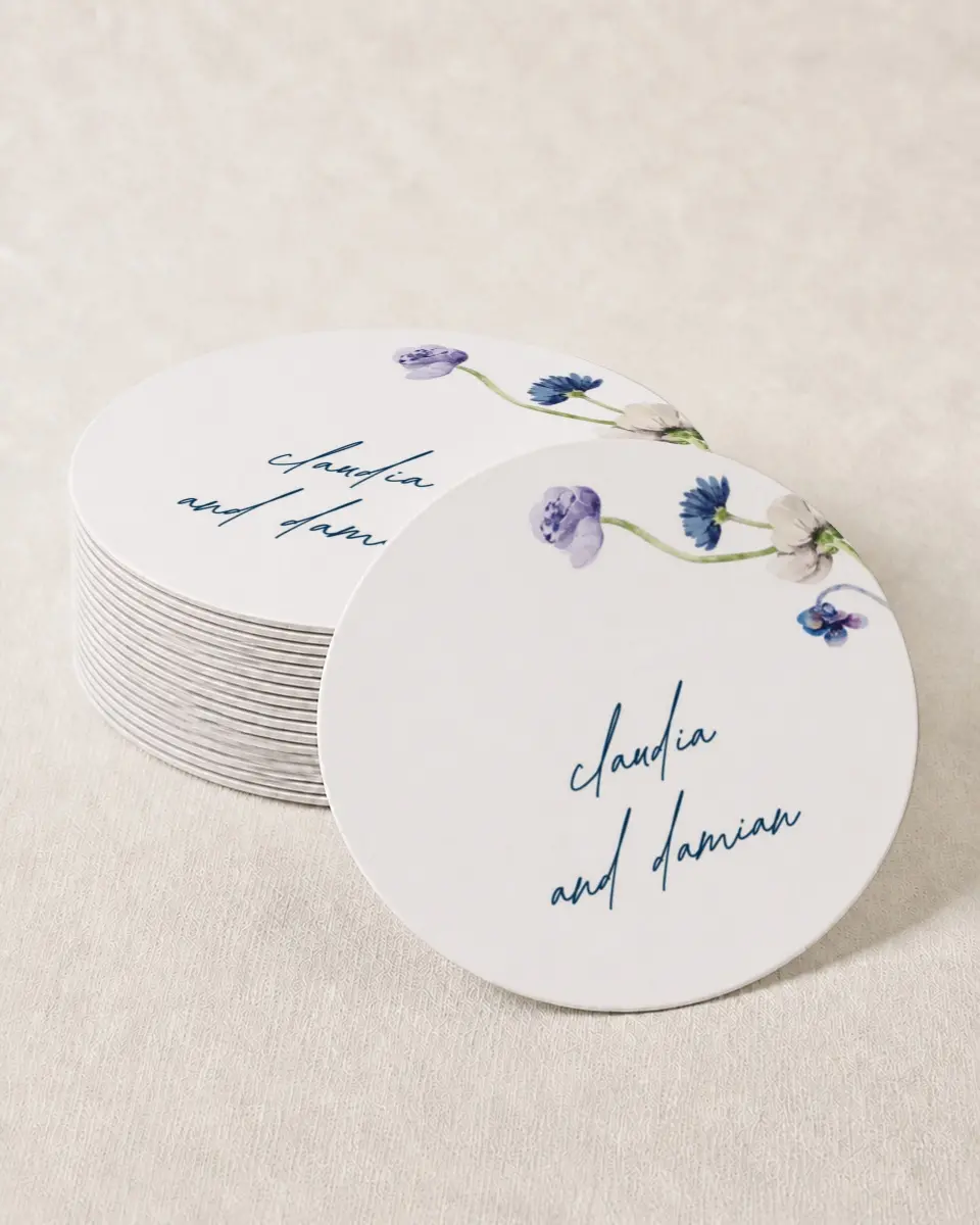 This is a 4" x 4" Wedding Coaster called Wildest Dream printed in full color with Gold foil on Kraft Chipboard paper