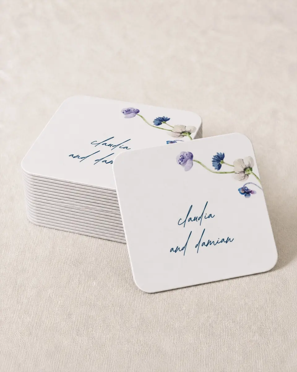 This is a 4" x 4" Wedding Coaster called Wildest Dream printed in full color on Kraft Chipboard paper