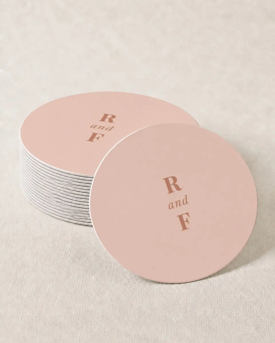 This is a 4" x 4" Wedding Coaster called Gorgeous Blush printed in full color with Gold foil on Kraft Chipboard paper