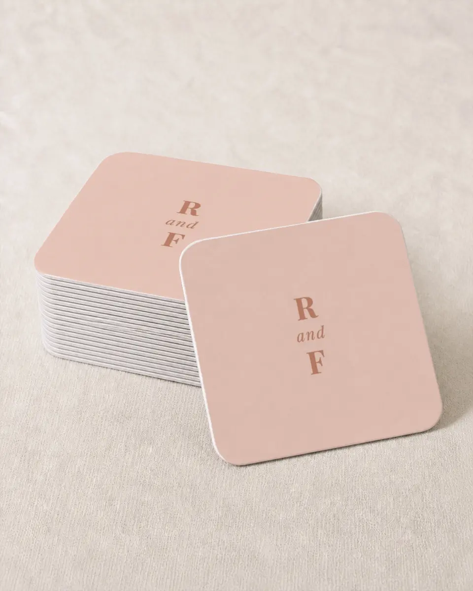 This is a 4" x 4" Wedding Coaster called Gorgeous Blush printed in full color on Kraft Chipboard paper
