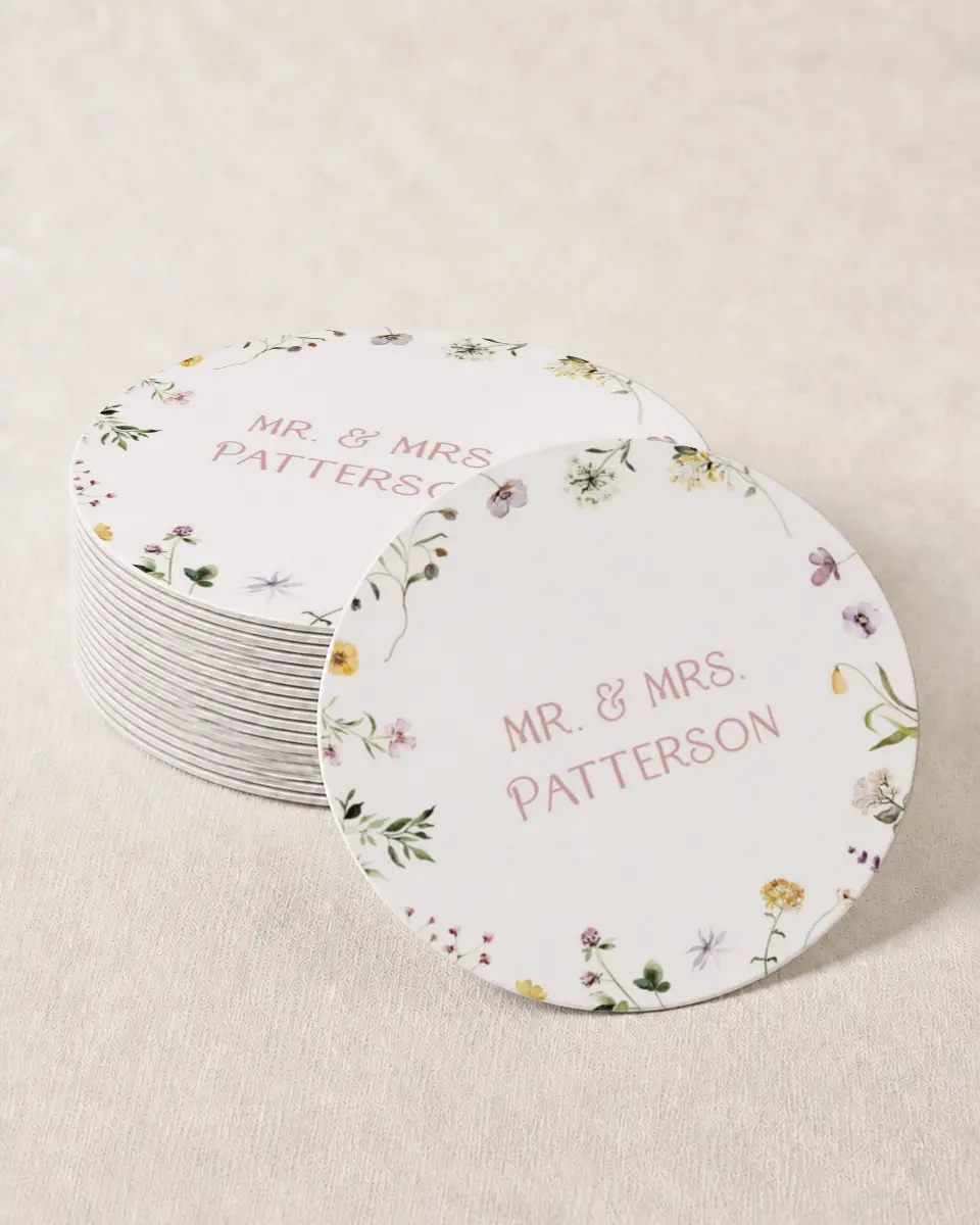 This is a 4" x 4" Wedding Coaster called Efflorescence printed in full color with Gold foil on Kraft Chipboard paper