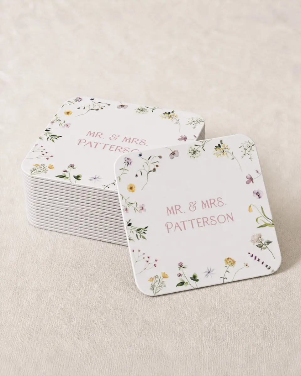 This is a 4" x 4" Wedding Coaster called Efflorescence printed in full color with Gold foil on Kraft Chipboard paper