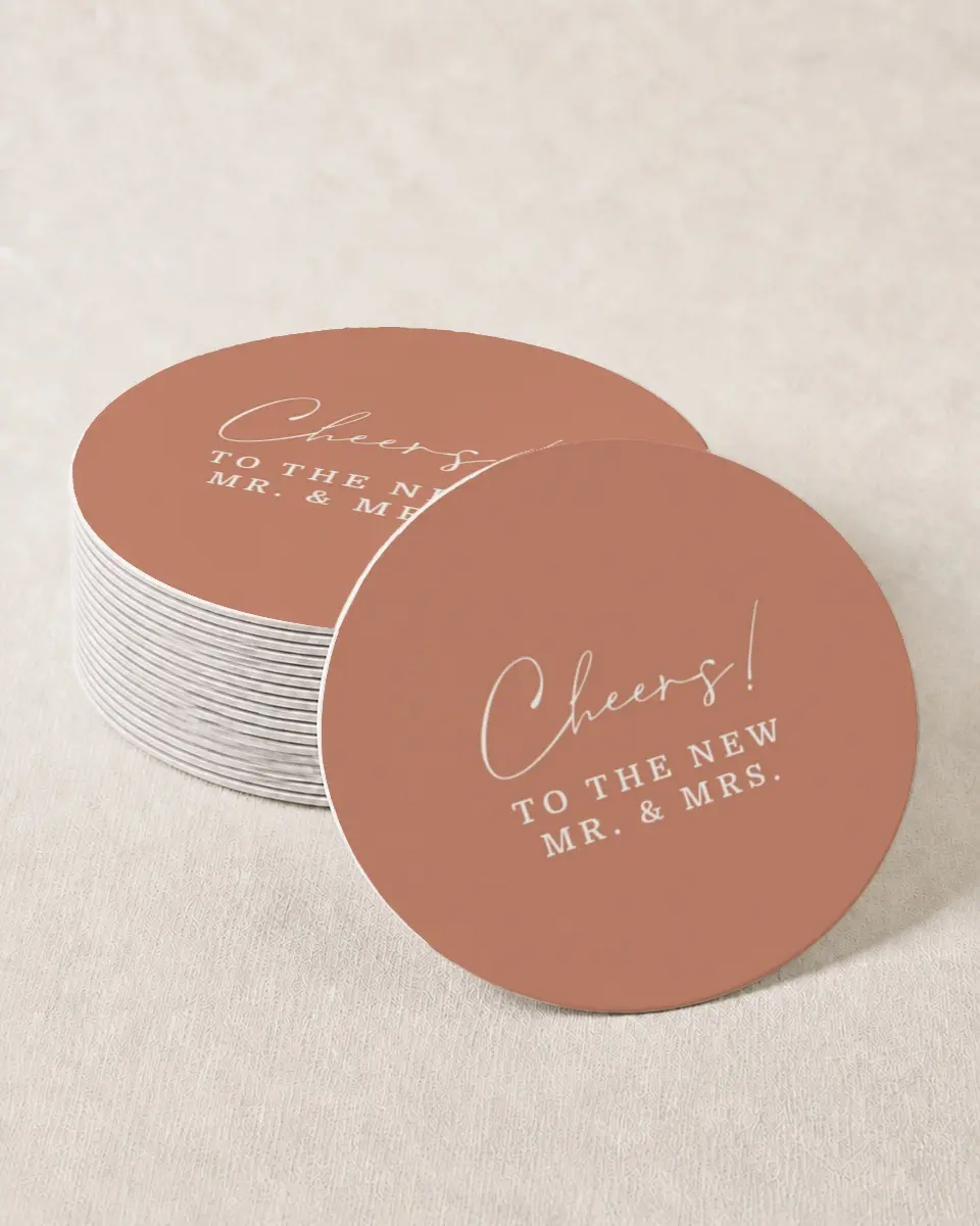 This is a 4" x 4" Wedding Coaster called Petal Perfect printed in full color with Gold foil on Kraft Chipboard paper
