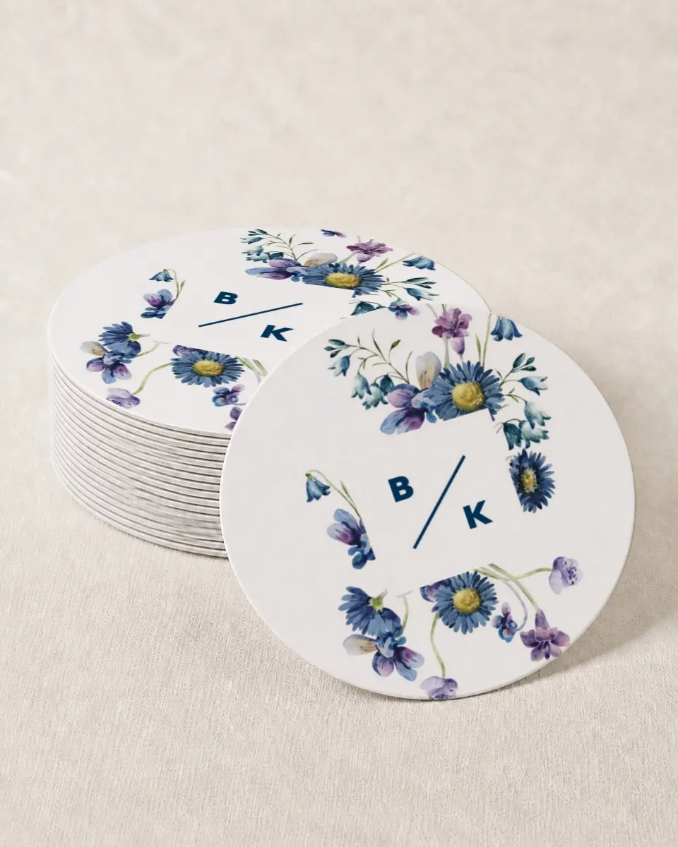 This is a 4" x 4" Wedding Coaster called Abundant Blue printed in full color with Gold foil on Kraft Chipboard paper