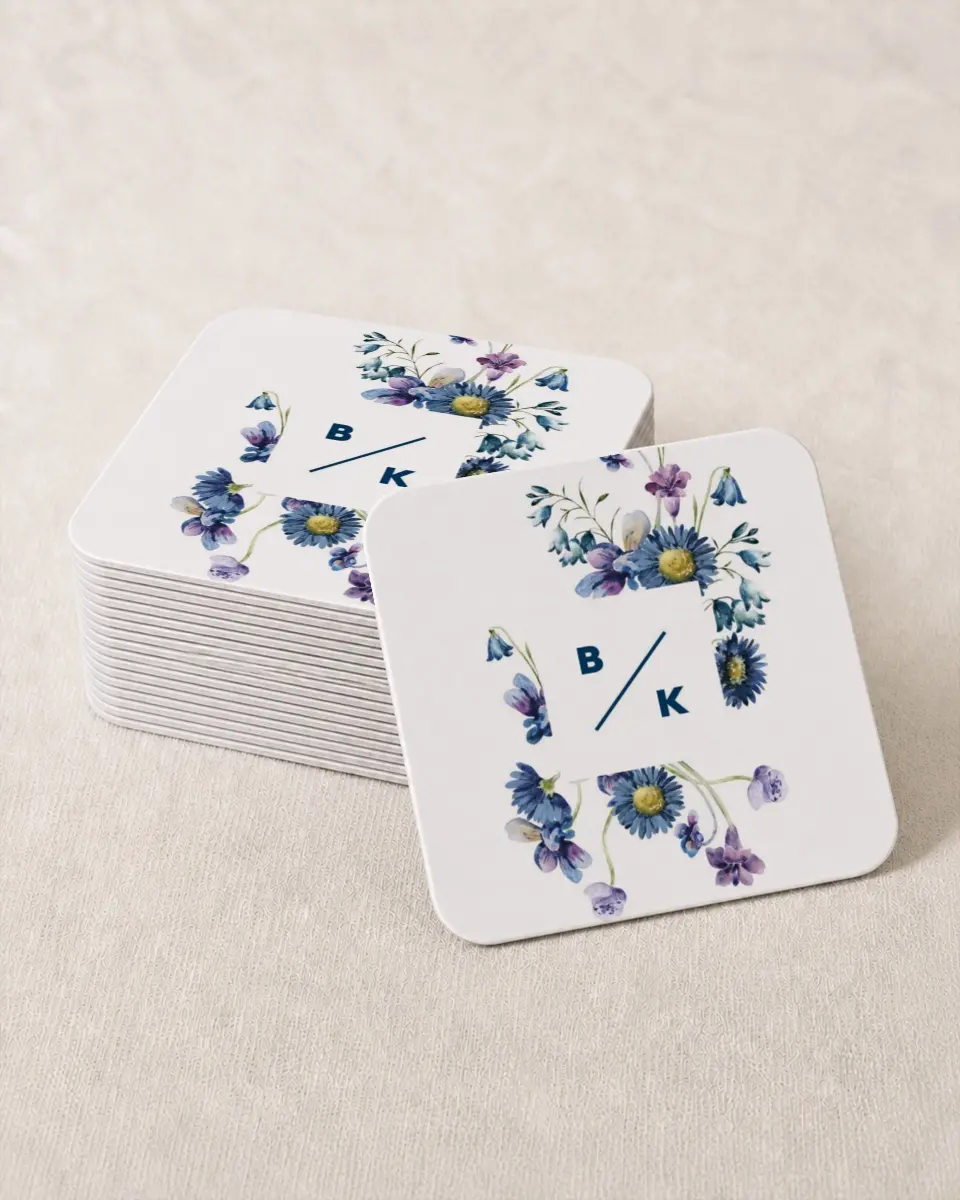 This is a 4" x 4" Wedding Coaster called Abundant Blue printed in full color with Gold foil on Kraft Chipboard paper