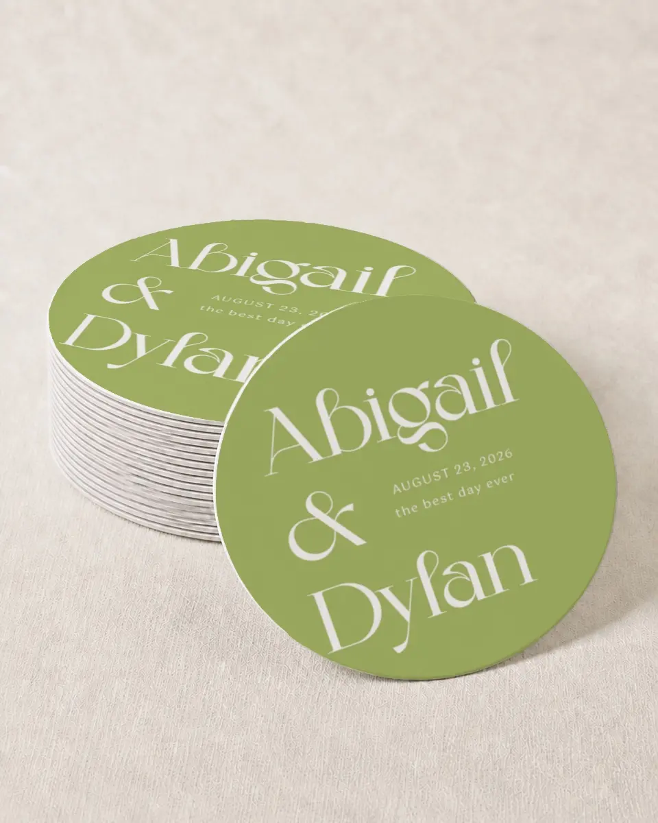 This is a 4" x 4" Wedding Coaster called The Abigail printed in full color with Gold foil on Kraft Chipboard paper