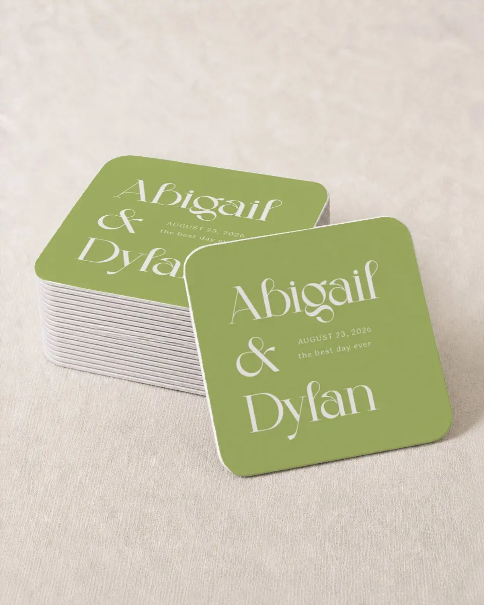 This is a 4" x 4" Wedding Coaster called The Abigail printed in full color on Kraft Chipboard paper