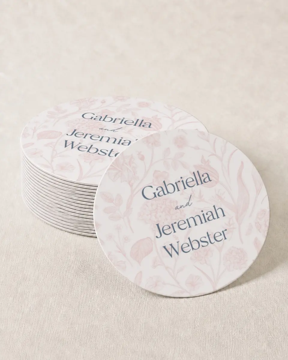 This is a 4" x 4" Wedding Coaster called The Gabriella printed in full color with Gold foil on Kraft Chipboard paper