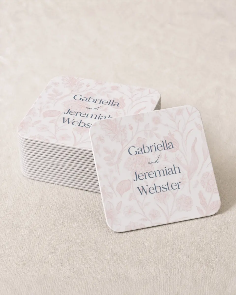 This is a 4" x 4" Wedding Coaster called The Gabriella printed in full color on Kraft Chipboard paper