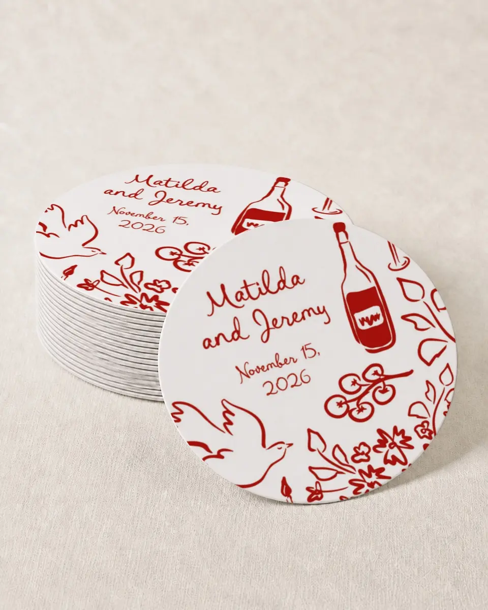 This is a 4" x 4" Wedding Coaster called Love Birds printed in full color with Gold foil on Kraft Chipboard paper