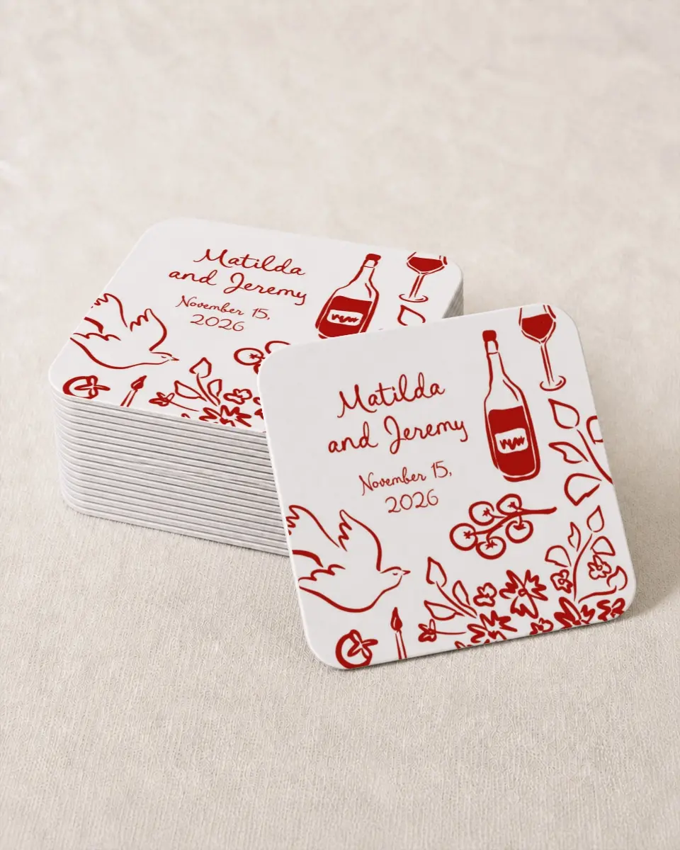 This is a 4" x 4" Wedding Coaster called Love Birds printed in full color on Kraft Chipboard paper
