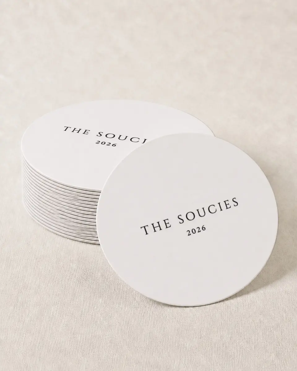 This is a 4" x 4" Wedding Coaster called Classic Romance printed in full color with Gold foil on Kraft Chipboard paper