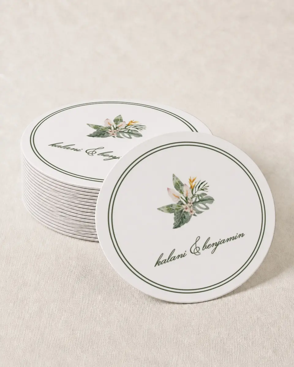 This is a 4" x 4" Wedding Coaster called Aloha Amore printed in full color with Gold foil on Kraft Chipboard paper