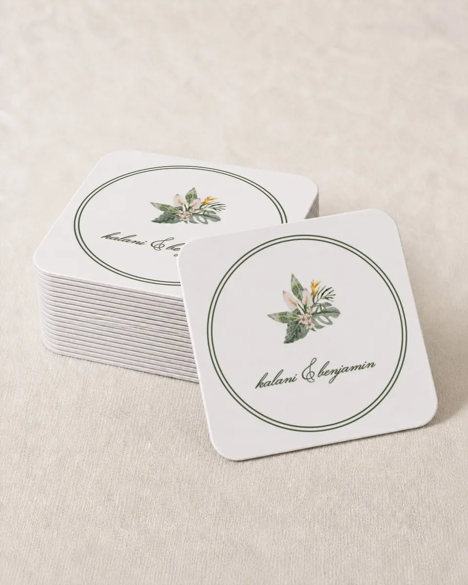 This is a 4" x 4" Wedding Coaster called Aloha Amore printed in full color with Gold foil on Kraft Chipboard paper