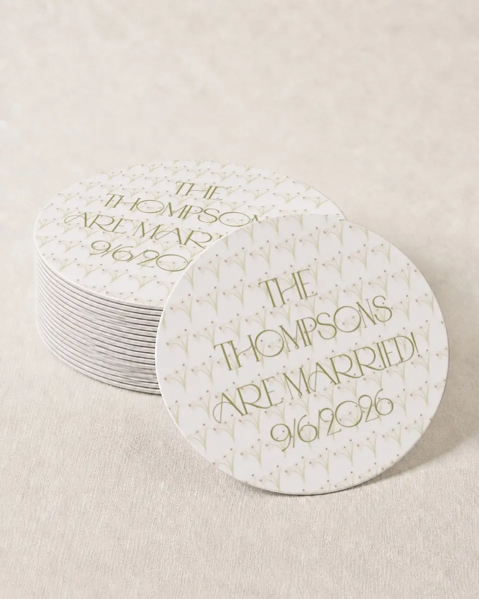 This is a 4" x 4" Wedding Coaster called Forever in Bloom printed in full color on Kraft Chipboard paper