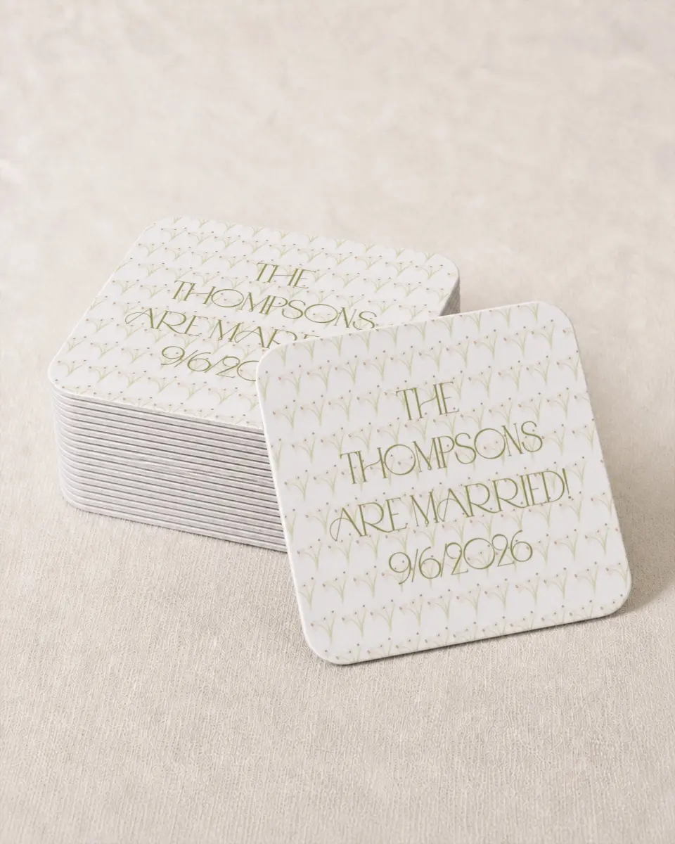 This is a 4" x 4" Wedding Coaster called Forever in Bloom printed in full color with Gold foil on Kraft Chipboard paper