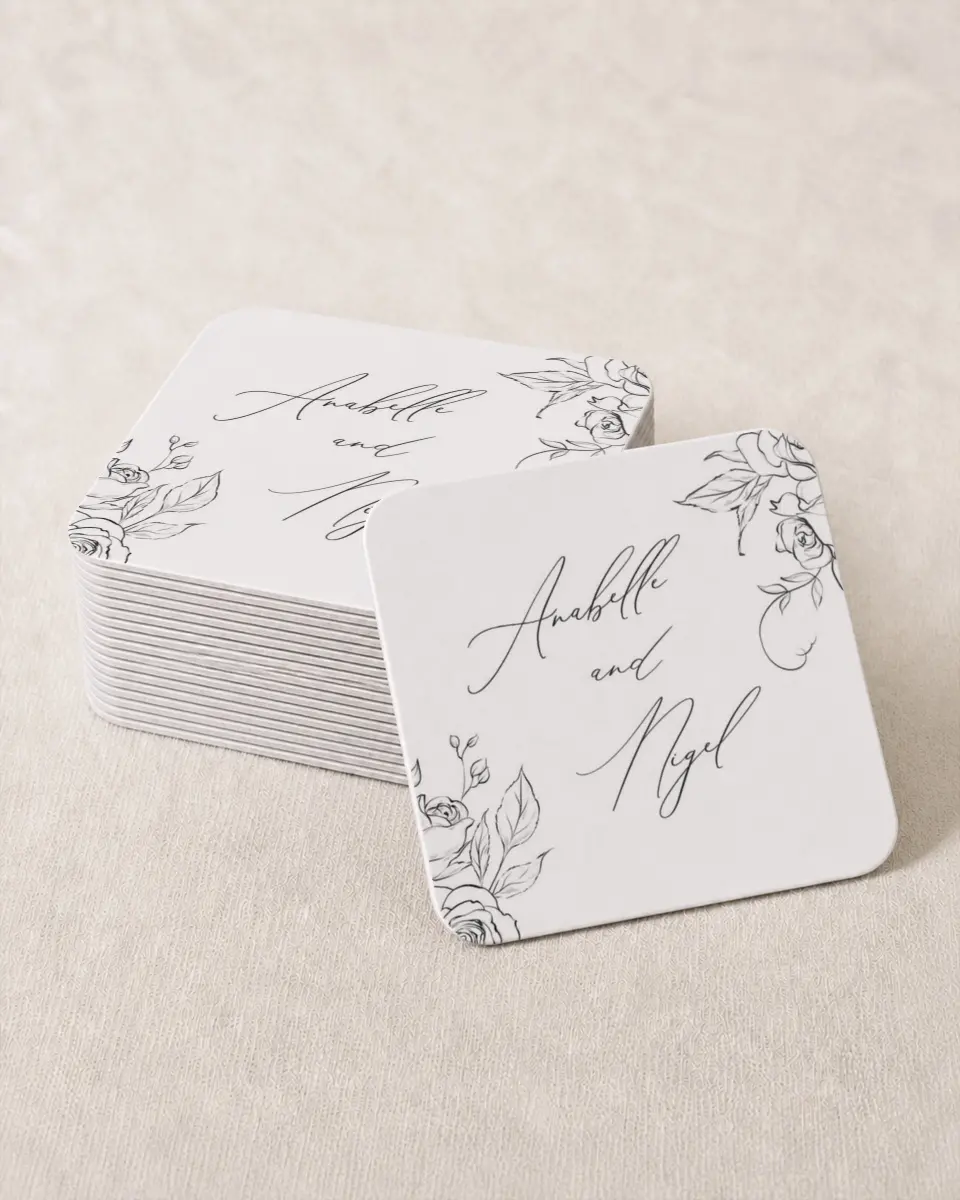 This is a 4" x 4" Wedding Coaster called The Anabelle printed in full color on Kraft Chipboard paper