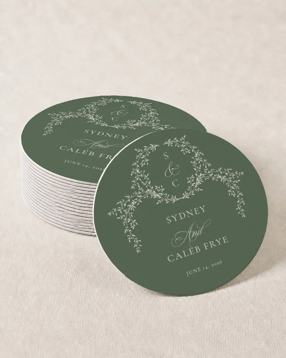 This is a 4" x 4" Wedding Coaster called Elegant Frame printed in full color with Gold foil on Kraft Chipboard paper