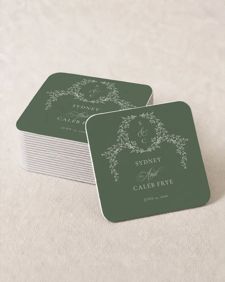 This is a 4" x 4" Wedding Coaster called Elegant Frame printed in full color on Kraft Chipboard paper