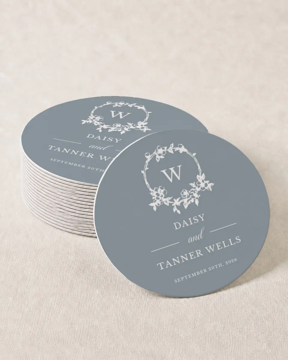 This is a 4" x 4" Wedding Coaster called Flowering Frame printed in full color with Gold foil on Kraft Chipboard paper