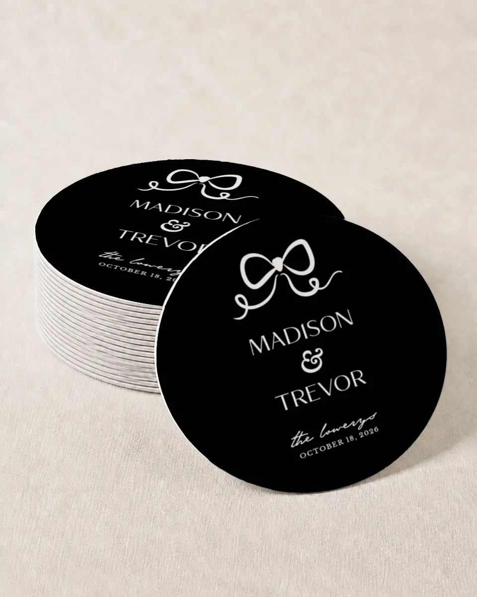 This is a 4" x 4" Wedding Coaster called The Madison printed in full color with Gold foil on Kraft Chipboard paper