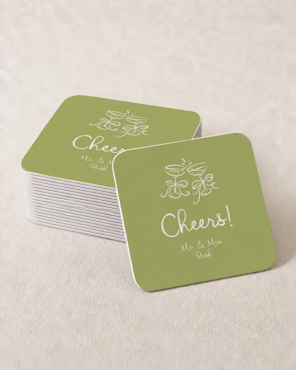 This is a 4" x 4" Wedding Coaster called Wedding Whimsy printed in full color with Gold foil on Kraft Chipboard paper