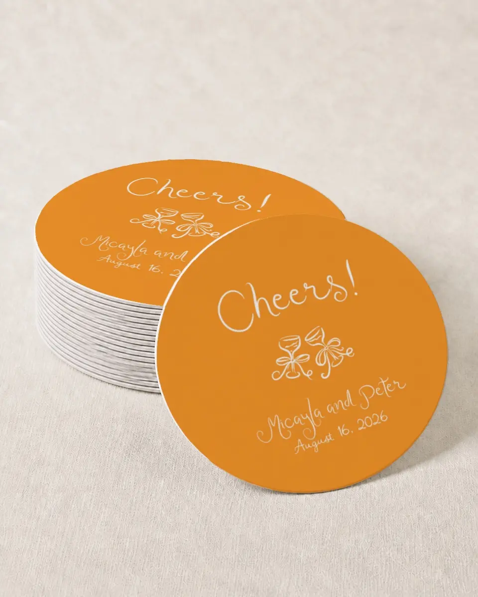 This is a 4" x 4" Wedding Coaster called The Micayla printed in full color with Gold foil on Kraft Chipboard paper