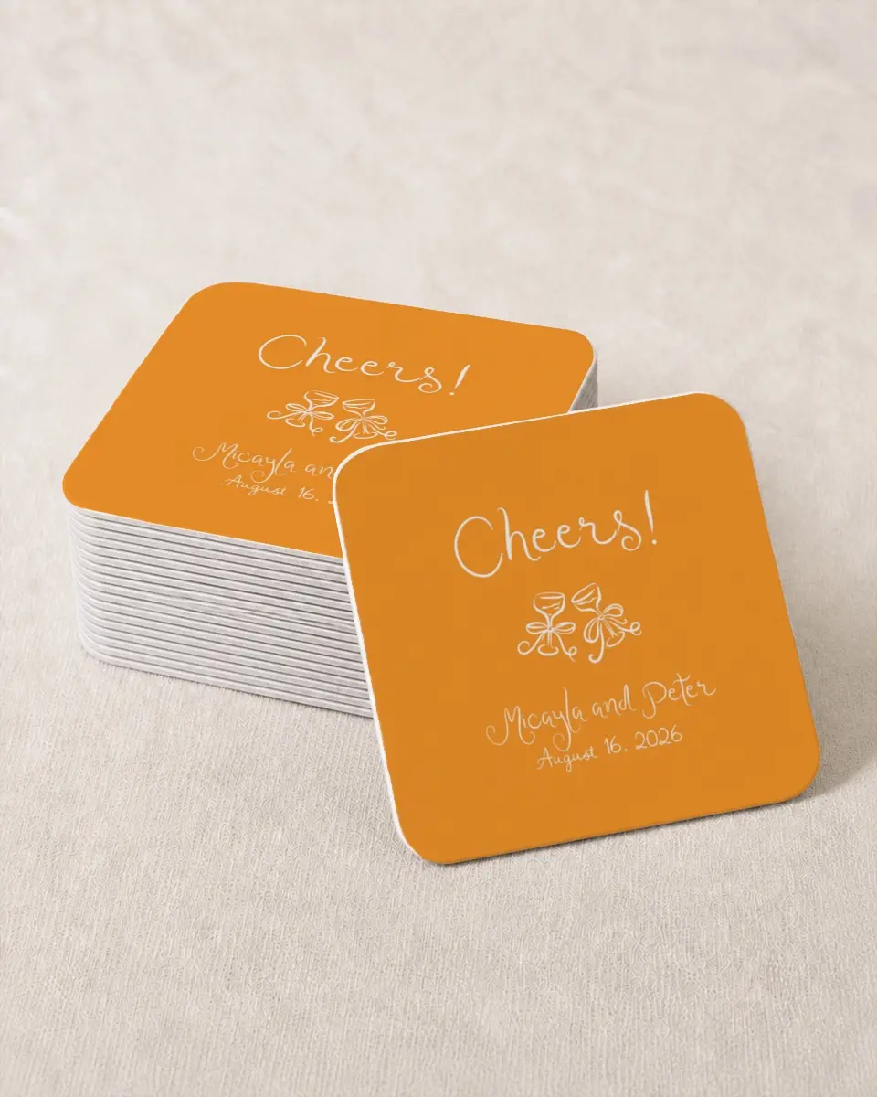 This is a 4" x 4" Wedding Coaster called The Micayla printed in full color on Kraft Chipboard paper