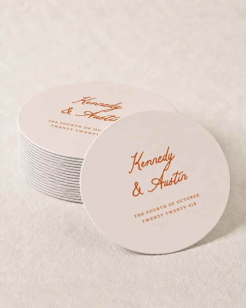 This is a 4" x 4" Wedding Coaster called The Kennedy printed in full color on Kraft Chipboard paper