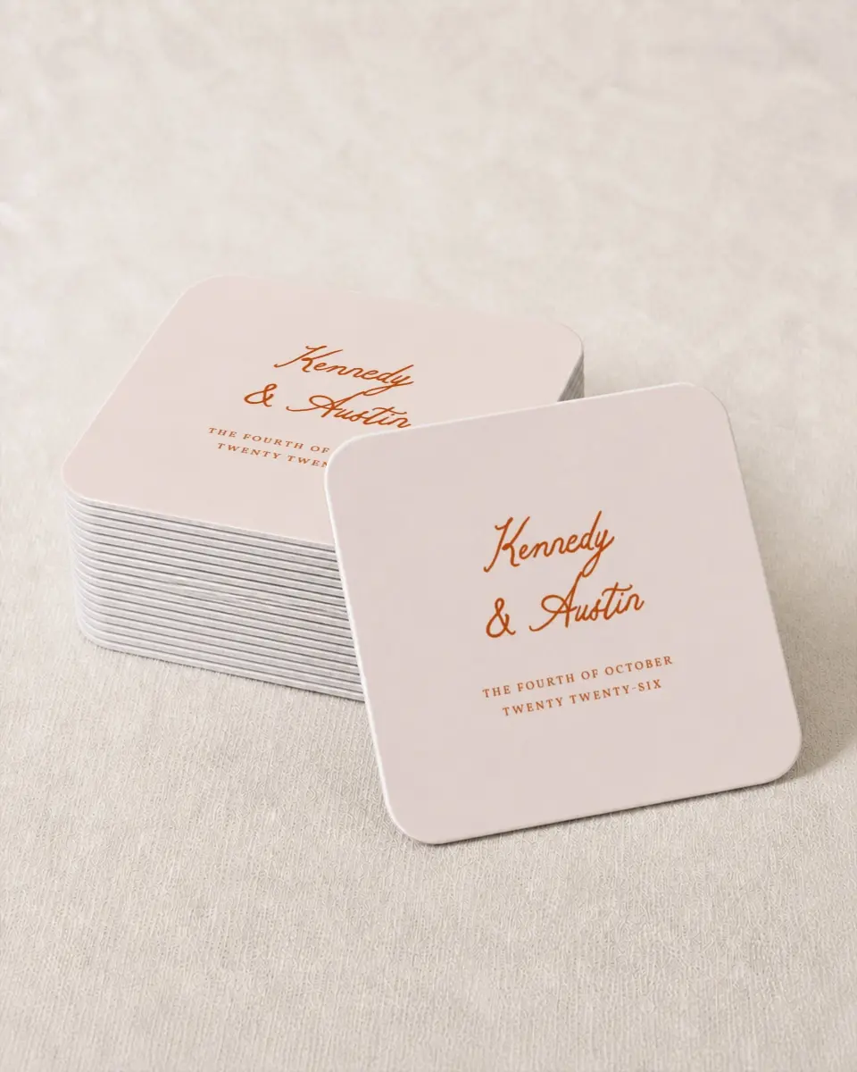 This is a 4" x 4" Wedding Coaster called The Kennedy printed in full color with Gold foil on Kraft Chipboard paper