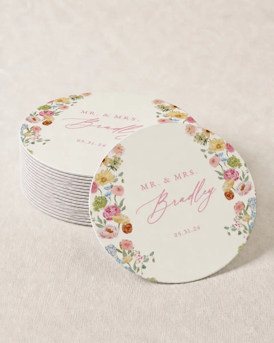 This is a 4" x 4" Wedding Coaster called The Florence printed in full color with Gold foil on Kraft Chipboard paper